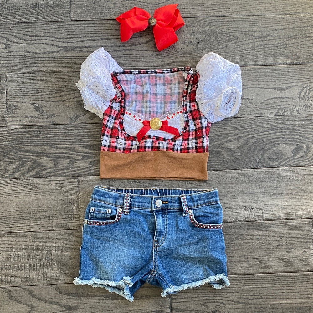 Plaid Crop Top and Denim Shorts Dance Costume Set